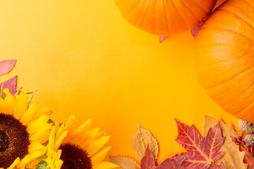 Clean warm autumn composition with copy space. There are pumpkins, sunflowers and fallen leaves.