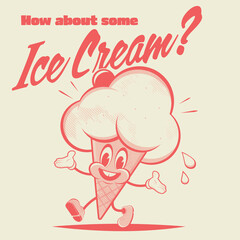retro cartoon illustration of a happy ice cream cone