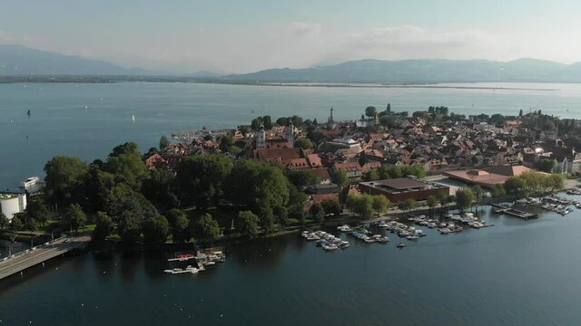 Aerial view of island Lindau in German, Bavaria with lake "Bodensee"