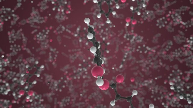 Cinnamic acid molecule, conceptual molecular model. Chemical looping 3d animation