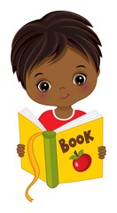Cute African American Boy Reading Book. Vector Little Boy with Book