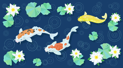 Three colorful Japanese koi carp swim in the flowering pond during the rain. Picture on a dark blue background. Vector illustration.