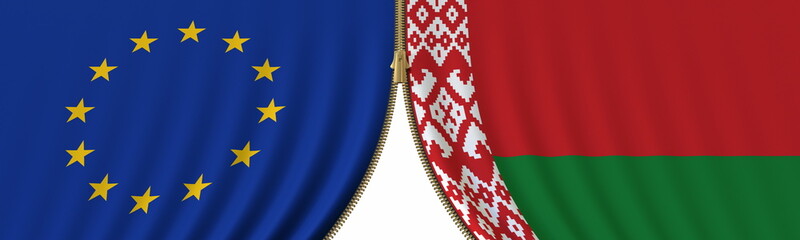 EU and Belarus cooperation or conflict, flags and closing or opening zipper between them. Conceptual 3D rendering