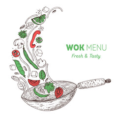 Wok pan and ingredients for wok sketch. Hand drawn vector illustration. Asian food. Noodles, meat, pepper and other ingredients. Asian cuisine. - obrazy, fototapety, plakaty