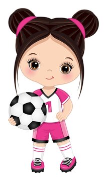 Cute Little Dark-Haired Girl Holding Soccer Ball. Vector Girl with Football Ball