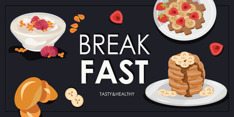 Promo banner with pancakes, yoghurt, croissant, strawberries, cookies and bananas. Eating, nutrition, diet, cooking, breakfast menu, fresh food concept. Vector illustration for banner, flyer, poster.