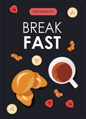 Promo flyers for breakfast menu, healthy eating, nutrition, cooking, fresh food, dessert, diet, pastry, cuisine. Vector illustration for banner, flyer, cover, advertising, menu, poster. - obrazy, fototapety, plakaty