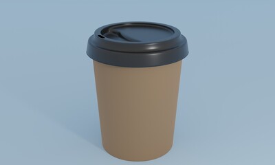 Cardboard cup of coffee. Brown disposable cup with plastic top isolated. 3d rendering.
