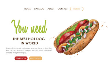 Web page design for Fast food, Street cafe, Restaurant menu, Junk food. Watercolor illustration of the hot dog  with sausage, lettuce, cucumber, onion, mustard. Perfect for poster, banner, flyer, menu