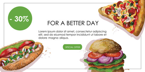 Promo banner with pizza, hot dog, hamburger. Fast food, nutrition, cooking, breakfast menu. Vector illustration for banner, poster, special offer, menu.