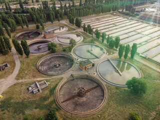 Wastewater treatment plant with round clarifiers for recycle dirty sewage water, aerial view