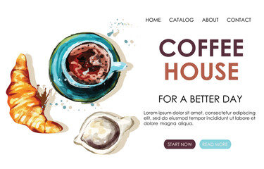 Web page design template for coffee house. Vector illustration for poster, banner, website development, flyer, menu.