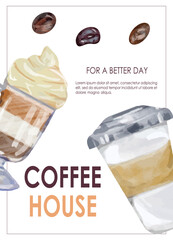 Promo flyer with cup of coffee. Coffee house, nutrition, cooking, breakfast menu. Vector illustration for banner, poster, special offer, menu. - obrazy, fototapety, plakaty