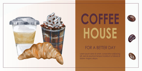 Promo banner for coffee shop, coffee house, cafe-bar, barista, drink. Vector illustration for poster, banner, flyer, advertising, commercial, promo, menu.