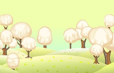 Fabulous sweet forest. Ice cream, drips of white milk cream. Sky. Trees with chocolate trunks. Cute hilly landscape for children. Beautiful fantastic illustration. Vector