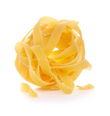Pasta tagliatelle isolated on white background. Raw fettuccine pasta