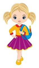 Cute School Teen Girl Holding Backpack. Vector School Girl with Rucksack