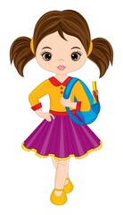 Cute School Teen Girl Holding Backpack. Vector School Girl with Rucksack