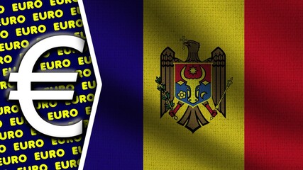 Moldova Realistic Wavy Flag, Euro Logo and Titles, Circle Neon Effect Fabric Texture 3D Illustration