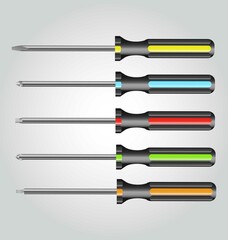 5 types of realistic screwdrivers of different colors made in vectors