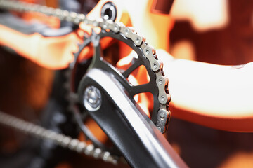 Bicycle chain and chrome pedal closeup. Bicycle spare parts - obrazy, fototapety, plakaty