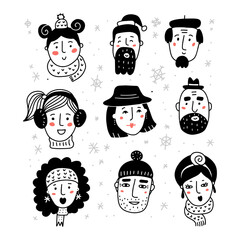 Hello winter set. Black and white Portraits of various women and men in warm beautiful hat and scarf. Hand drawn doodle collection of female faces. vector hand drawn illustration.