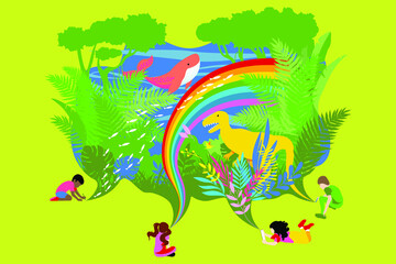 Education in the Future - children drawing a forest with animals and rainbows