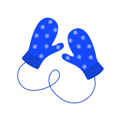 Pair of woolen knitted mittens with snowflakes pattern. Warm winter gloves isolated on the white background. Vector flat illustration.