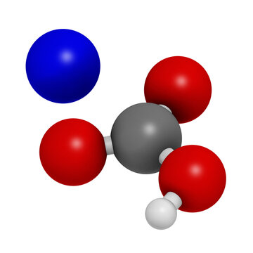 Sodium bicarbonate (baking soda), chemical structure. 3D rendering.