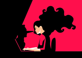 Feminism - Violence Against Women - Women Rights - Domestic Violence -  woman reading fakenews on computer and shadow of lying man