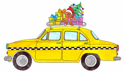 Retro Yellow Cab with Christmas gifts © Studio Porto Sabbia
