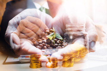 business people working at desk with piggy bank box.business finance saving and investment concept. hand put money coin into piggy bank for saving money wealth.