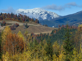 Naklejka premium Late autumn mountain scene. Picturesque traveling, seasonal, nature and countryside beauty concept scene. Carpathians, Ukraine.
