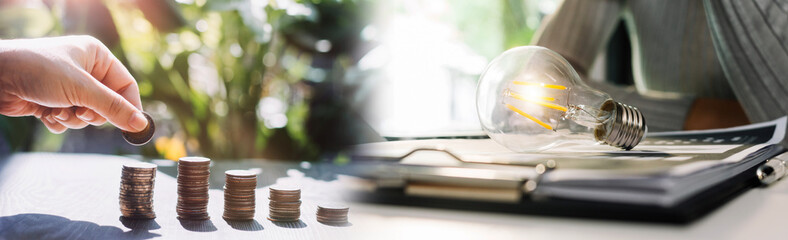 stacking money coins and a house model.save and investment for buy house concept .for the...