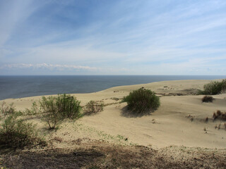 Dunes of the Baltic Sea, sand dunes with sparse vegetation on the background of the sea. Landscape photography, a variety of landscapes, travel.