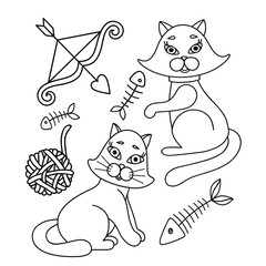 Cute cats, eaten fish, bow and ball toy. Cats in different poses. Suitable for posters and postcards. Vector illustration isolated on white.