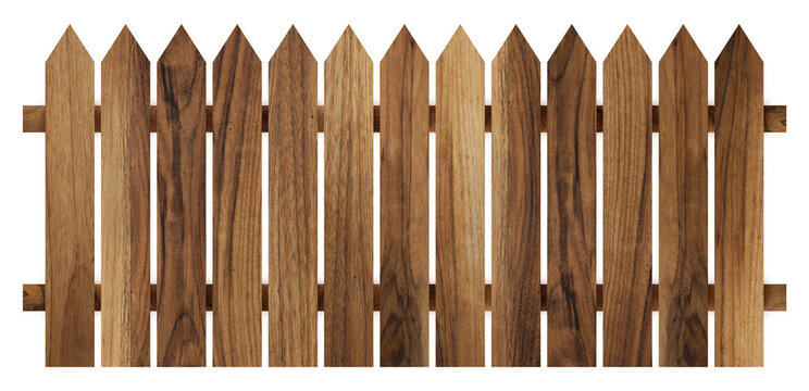Brown wooden fence isolated on a white background that separates the objects. There are clipping paths for the designs and decoration.  Wood wall. Texture. Horizontal. 