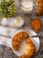 Classic breakfast - croissants, milk, jam. There is a knife on the plate. Indoor flower in the background, wood texture. High angle view. Restaurant, cafe, home cooking.