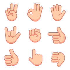 Hand gestures set. finger and sign language. filled outline icons. vector illustration