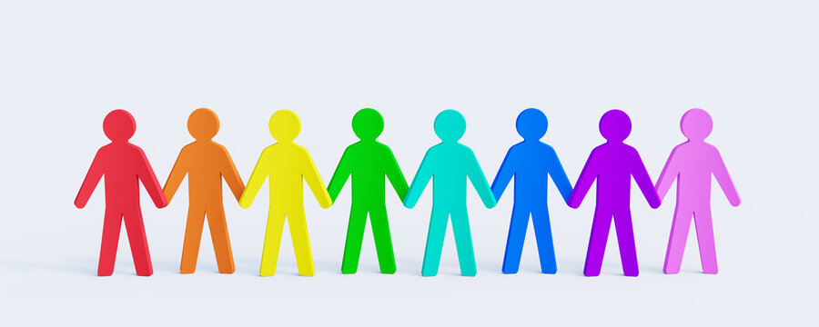 Colorful group of people holding hands. Diversity and tolerance concept 3d render 3d illustration