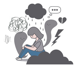 Sad woman sitting under dark cloud vector. Depression concept. Anxiety and negative thoughts.
