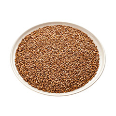 Buckwheat, kernel, uncooked, raw, in a plate, isolated on a white background, dietary food