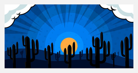 Comic cartoon style background in blue color with cactus plant, cloud, and moon at night. Suitable for scary, horror, thriller theme.