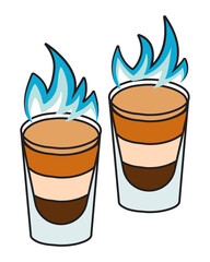 Stylish hand-drawn doodle cartoon hipster style vector illustration. A pair of shot shooter burning B52 cocktails. For card, invitations, posters, bar menu or alcohol cook book recipe