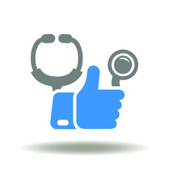 Stethoscope with thumb up vector illustration. Medical service evaluation symbol. Feedback medicine icon. Clinic assessment sign.