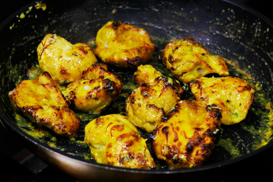 zafrani murgh tikka, saffron and yoghurt marinated spiced tandoori chicken, indian cuisine