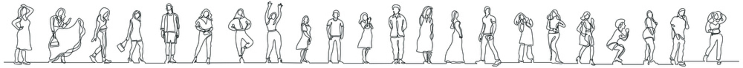 continuous line drawing of group of various regular diverse people standing in a row