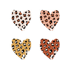 Leopard print textured hand drawn brush stroke heart shape set . Abstract paint spot with wild animal pattern texture.