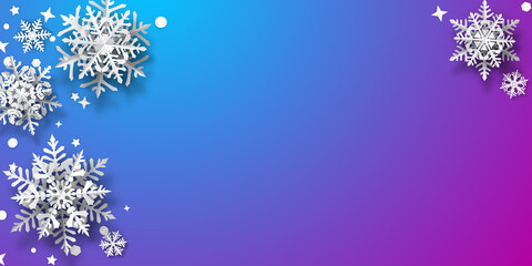 Christmas background of paper snowflakes with soft shadows, white on blue and purple background