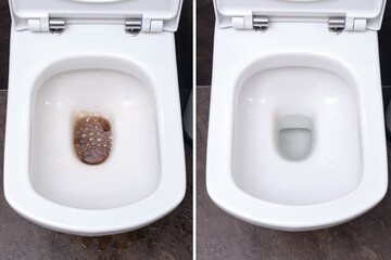 Toilet in the bathroom before and after cleaning the blockage, dirty and clean toilet bowl - obrazy, fototapety, plakaty